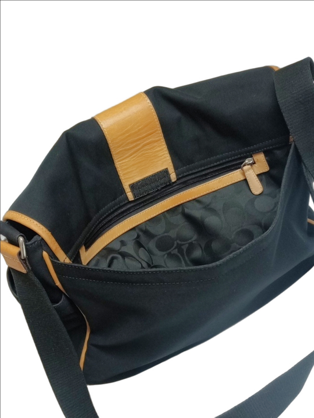 COACH "HUDSON" MESSENGER LAPTOP BUSINESS TRAVEL BLACK BAG WITH TAN LEATHER TRIM - Picture 7 of 16